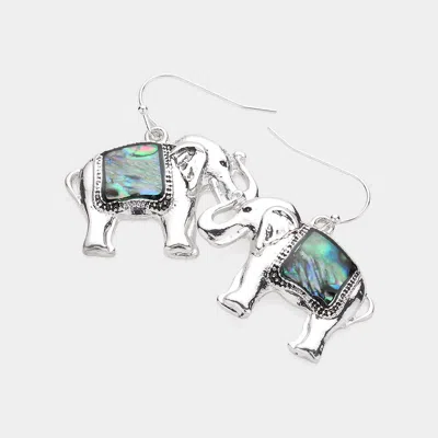 Fashnzfab Abalone Stone Antique Metal Elephant Earrings In White