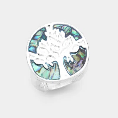 Fashnzfab Abalone Tree Of Life Stretch Ring - Abalone, Antique Silver In Metallic