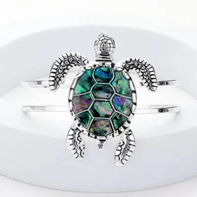 Fashnzfab Abalone Turtle Antique Sliver Hinged Bracelet Abalone, Antique Silver In Green