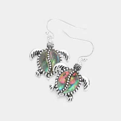 Fashnzfab Abalone Turtle Dangle Earrings 0.8" X 1.4" In Metallic