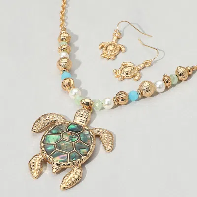Fashnzfab Abalone Turtle Pendant Multi Beaded Necklace In Gold