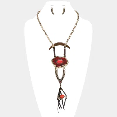 Fashnzfab Abstract Double Horn & Faux Leather Tassel Necklace In Brown