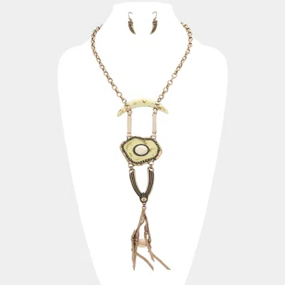 Fashnzfab Abstract Double Horn & Faux Leather Tassel Necklace In Gold
