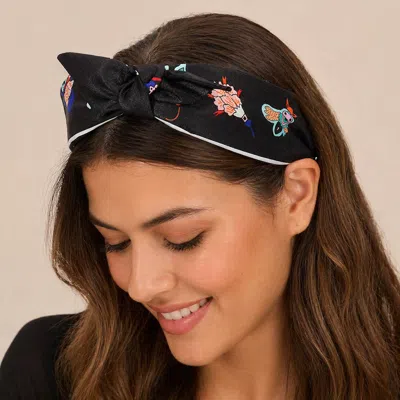 Fashnzfab Abstract Floral Printed Knot Headband In Black