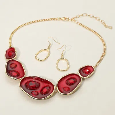 Fashnzfab Abstract Gemstone Embellished Enamel Oval Plate Link Statement Necklace - Gold, Red