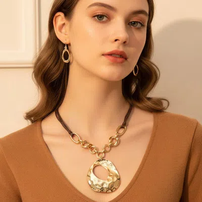 Fashnzfab Abstract Hammered Metal Pendant Multi Strand Thread Necklace In Gold