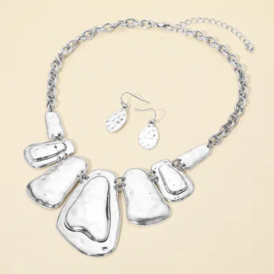 Fashnzfab Abstract Hammered Metal Plate Statement Necklace In Silver