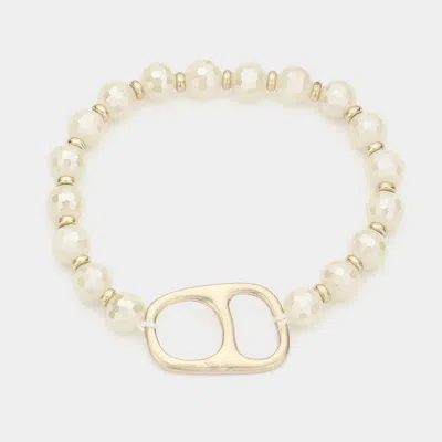 Fashnzfab Abstract Metal Accented Faceted Beaded Stretch Bracelet Ivory In Silver