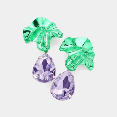 Fashnzfab Abstract Metallic Metal Plate Teardrop Stone Cluster Dangle Earrings - Green, Purple In Multi