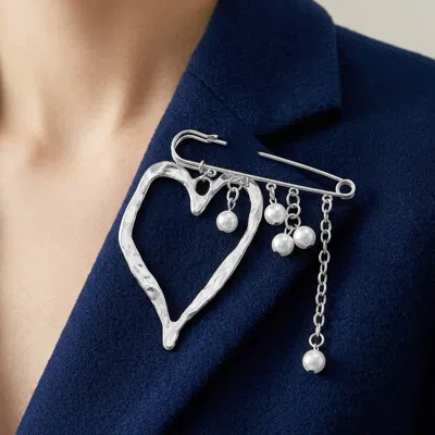Fashnzfab Abstract Open Heart Pearl Drop Chain Safety Pin Brooch In Metallic