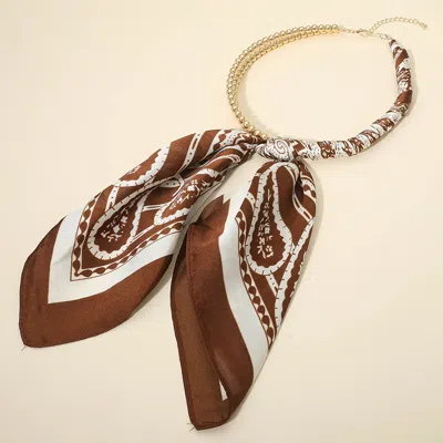 Fashnzfab Abstract Pattern Fabric Scarf Double Bubble Chain Necklace In Brown