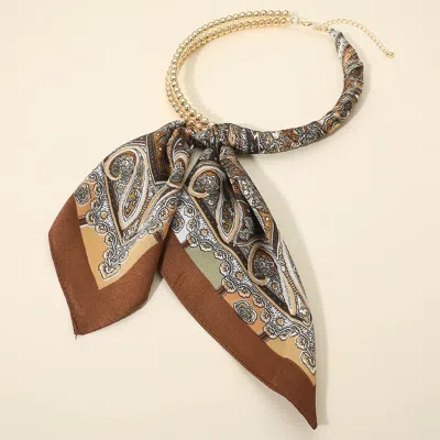 Fashnzfab Abstract Pattern Fabric Scarf Double Bubble Chain Necklace In Brown