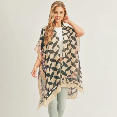 Fashnzfab Abstract Pattern Print Cover Up Kimono Poncho In Gray