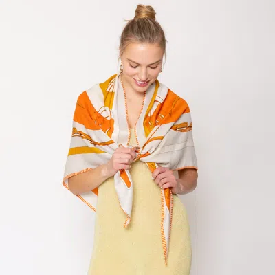 Fashnzfab Abstract Pattern Printed Triangle Shape Cashmere Silk Blend Scarf In Orange