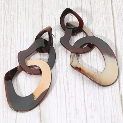 Fashnzfab Abstract Patterned Resin Ring Link Drop Earrings In Brown