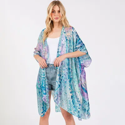 Fashnzfab Abstract Print Silky Feel Kimono Poncho In Blue