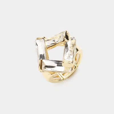 Fashnzfab Abstract Rectangle Bar Stone Embellished Stretch Ring - Clear, Gold