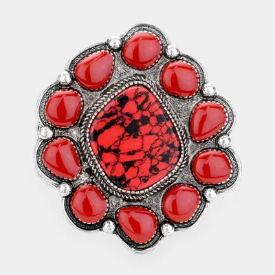 Fashnzfab Abstract Red Coral Accented Tribal Cuff Bracelet Red, Silver Burnished In Multi