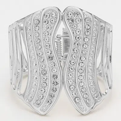 Fashnzfab Abstract Stone Paved Wavy Hinged Bangle Bracelet Clear, Silver In Multi