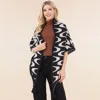 Fashnzfab Abstract Wavy Pattern Printed Tassel Trim Accent Open Front Cape Poncho In Black