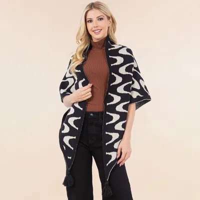 Fashnzfab Abstract Wavy Pattern Printed Tassel Trim Accent Open Front Cape Poncho In Black