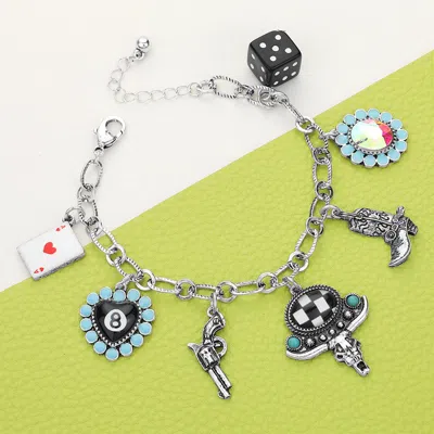 Fashnzfab Ace Of Heart 8 Ball Billiard Heart Metal Western Steer Head Boot Dice Charm Station Bracelet Multi, 