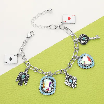 Fashnzfab Ace Of Heart Ace Of Clover Western Bird Key Rectangle Heart Stone Cluster Charm Station Bracelet Mul In Blue
