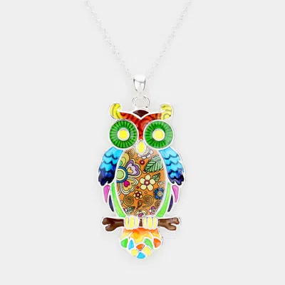 Fashnzfab Acrylic Colorful Pattern Owl Pendant Necklace In Metallic