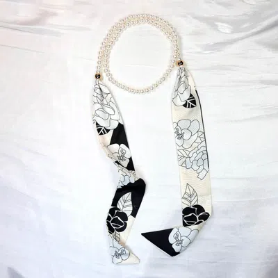 Fashnzfab Adjustable Floral Fabric Scarf Pearl Beaded Long Necklace In Multi