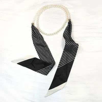 Fashnzfab Adjustable Striped Fabric Scarf Pearl Beaded Long Necklace In Black