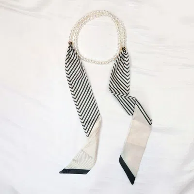 Fashnzfab Adjustable Striped Fabric Scarf Pearl Beaded Long Necklace In Green