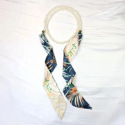 Fashnzfab Adjustable Tropical Leaf Fabric Scarf Pearl Beaded Long Necklace In Neutral