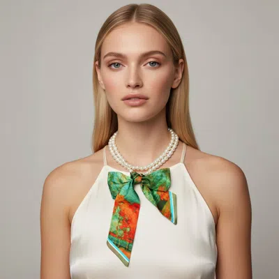 Fashnzfab Adjustable Watercolor Fabric Scarf Pearl Beaded Long Necklace In Green