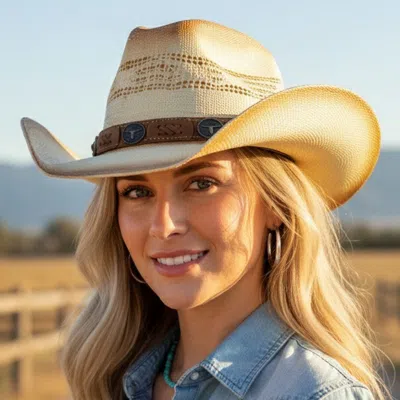 Fashnzfab Aged Look Steer Head Concho Around Stitched Suede Band Western Straw Cowboy Hat In Sand