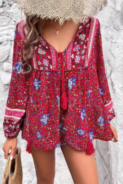 Fashnzfab All Over Floral Print Cross Deep V Boho Top In Red