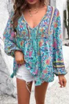 Fashnzfab All Over Floral Print Cross Deep V Boho Top
