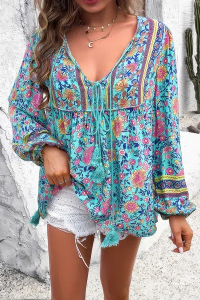 Fashnzfab All Over Floral Print Cross Deep V Boho Top