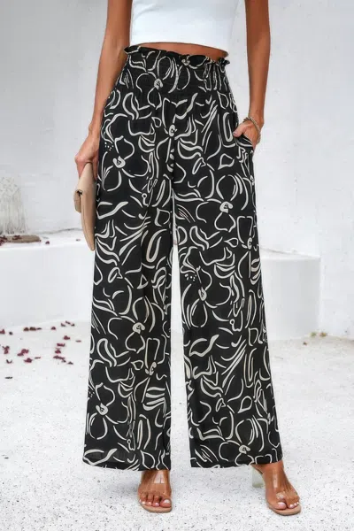 Fashnzfab Allover Print Folded Frill Wide Leg High Waist Pant
