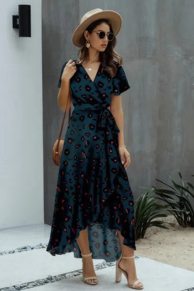 Fashnzfab Allover Print High V Neck Low Wrap Dress