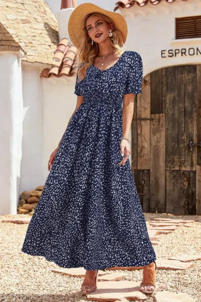 Fashnzfab Allover Print Puff Sleeve Ruched Shirred Dress In Blue