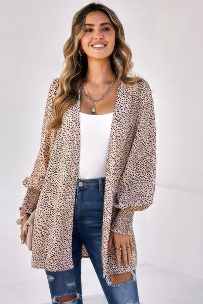 Fashnzfab Allover Print Shirred Cuff Lantern Sleeve Kimono In Sand