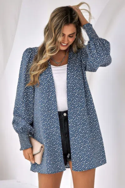 Fashnzfab Allover Print Shirred Cuff Lantern Sleeve Kimono