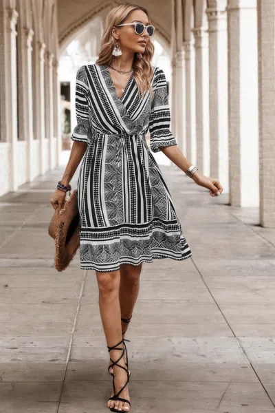 Fashnzfab Allover Print Surplice Neck Ruffle Hem Fit Dress In Black