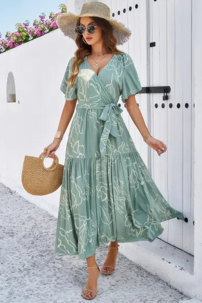 Fashnzfab Allover Print V Neck Fit Belt A Line Long Dress