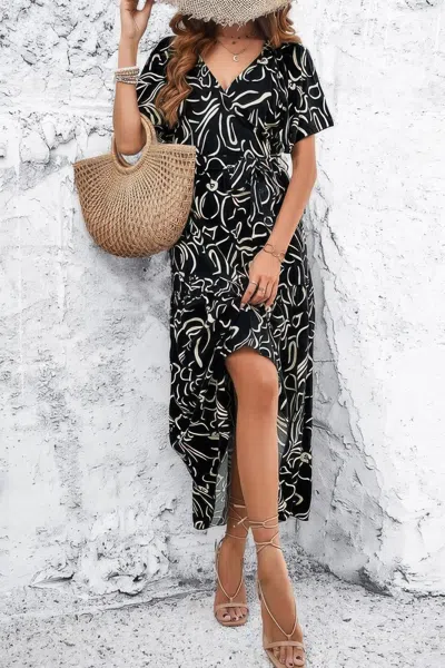 Fashnzfab Allover Print V Neck Fit Belt A Line Long Dress