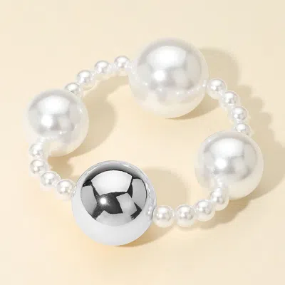 Fashnzfab Alternating Metal Pearl Beaded Stretch Statement Bracelet Rhodium In White