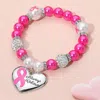 Fashnzfab Always Believe Pink Ribbon Heart Charm Pearl Shamballa Ball Beaded Stretch Bracelet In Pink