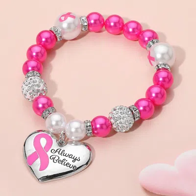 Fashnzfab Always Believe Pink Ribbon Heart Charm Pearl Shamballa Ball Beaded Stretch Bracelet