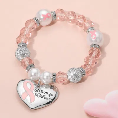 Fashnzfab Always Believe Pink Ribbon Heart Charm Pearl Shamballa Ball Beaded Stretch Bracelet Light, Pink In Multi