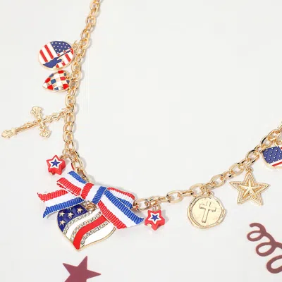 Fashnzfab American Usa Bow Heart Flag Cross Charm Station Necklace In Gold